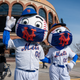 Mr and Mrs. Met at the opening of the covid-19 vaccination site at Citi Field on February 10, 2021 in Queens, New York City.